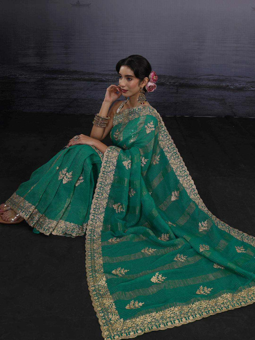  Libas Green Embroidered Georgette Saree 