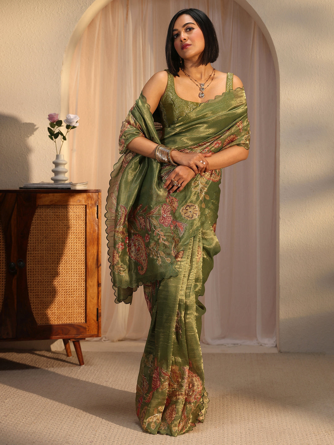  Libas Green Ethnic Printed Mirror Work Silk Blend Saree with Scalloped Border 