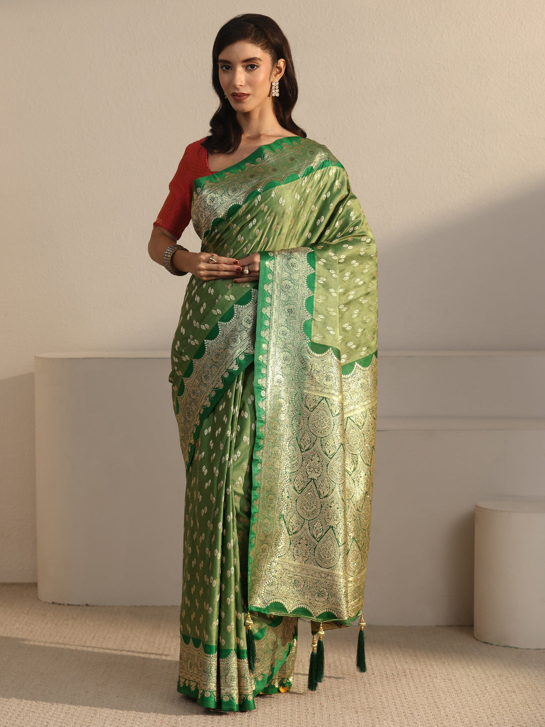 Libas Green Ethnic Woven Design Satin Saree