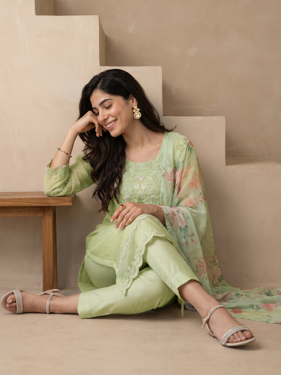 Libas Green Floral Embroidered Organza Straight Suit Set