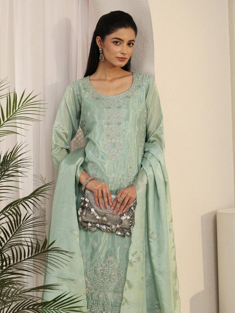 Libas Green Floral Embroidered Organza Straight Suit Set