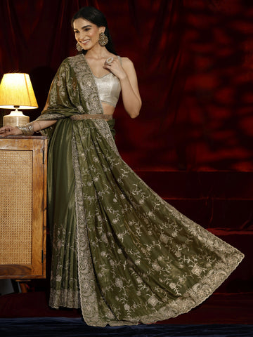 Libas Green Floral Embroidered Satin Saree