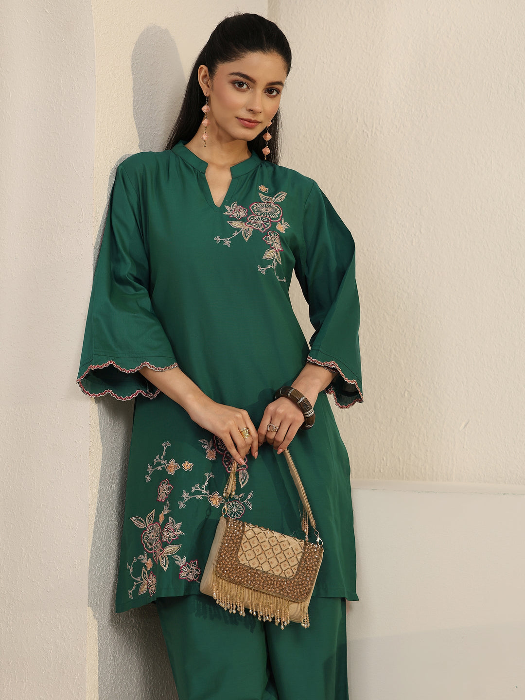  Libas Green Floral Embroidered Silk Blend Co-ord Set 