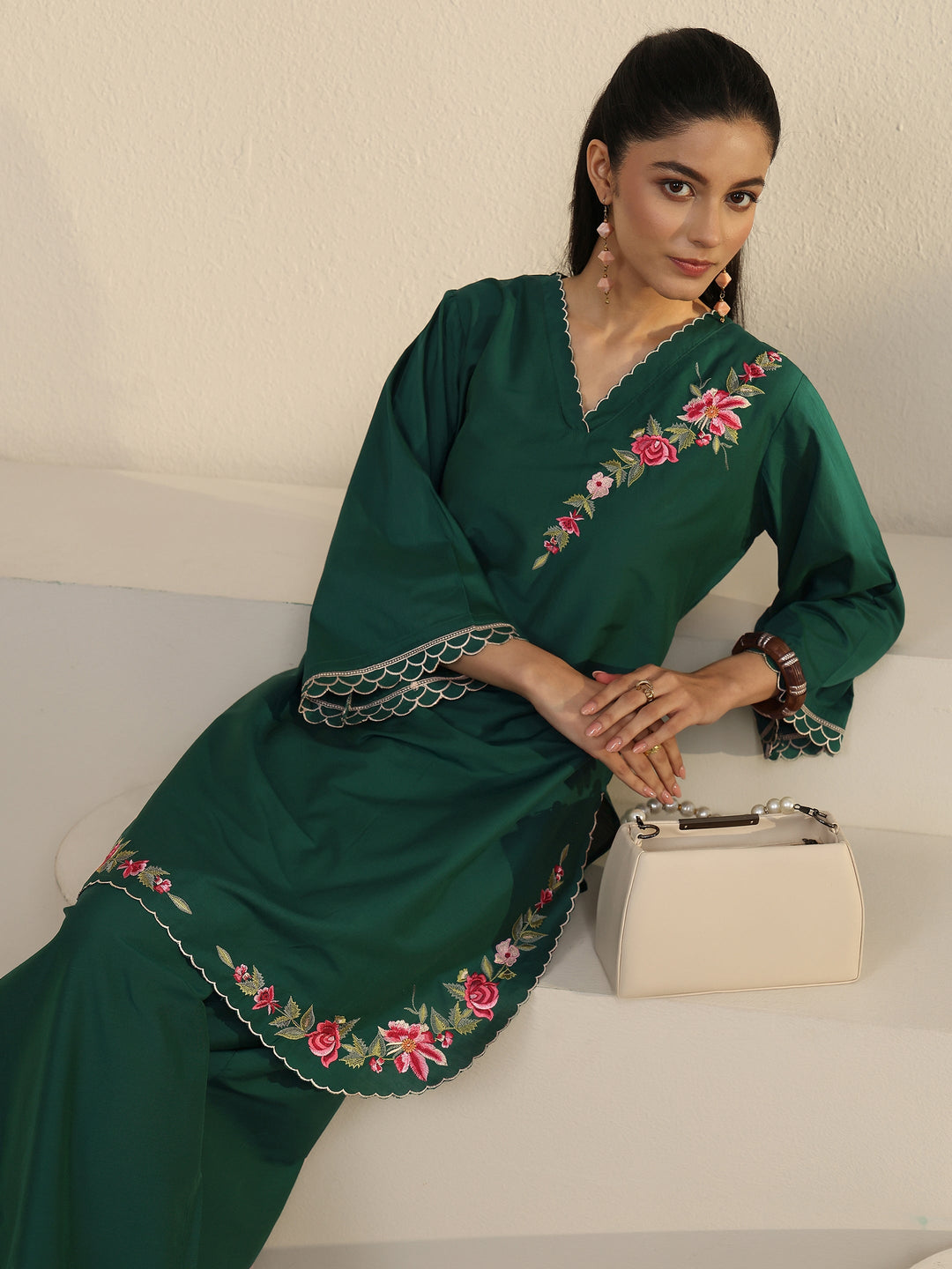  Libas Green Floral Embroidered Silk Blend Co-ord Set 