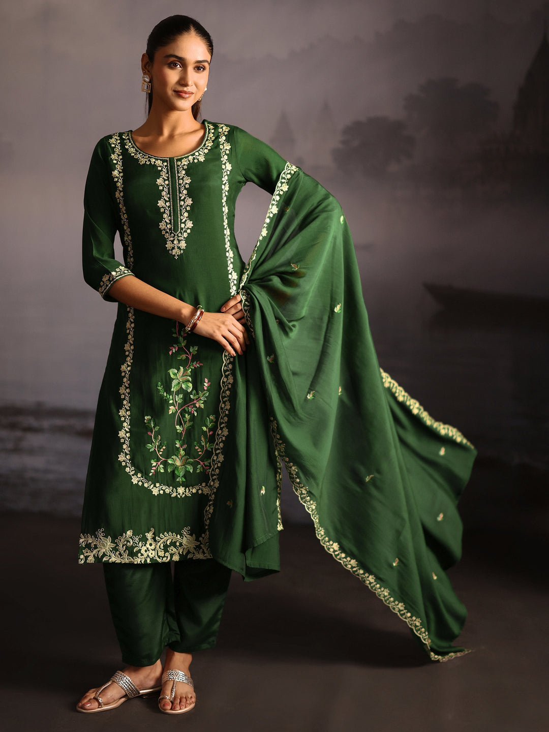 Libas Green Floral Embroidered Silk Blend Straight Suit Set
