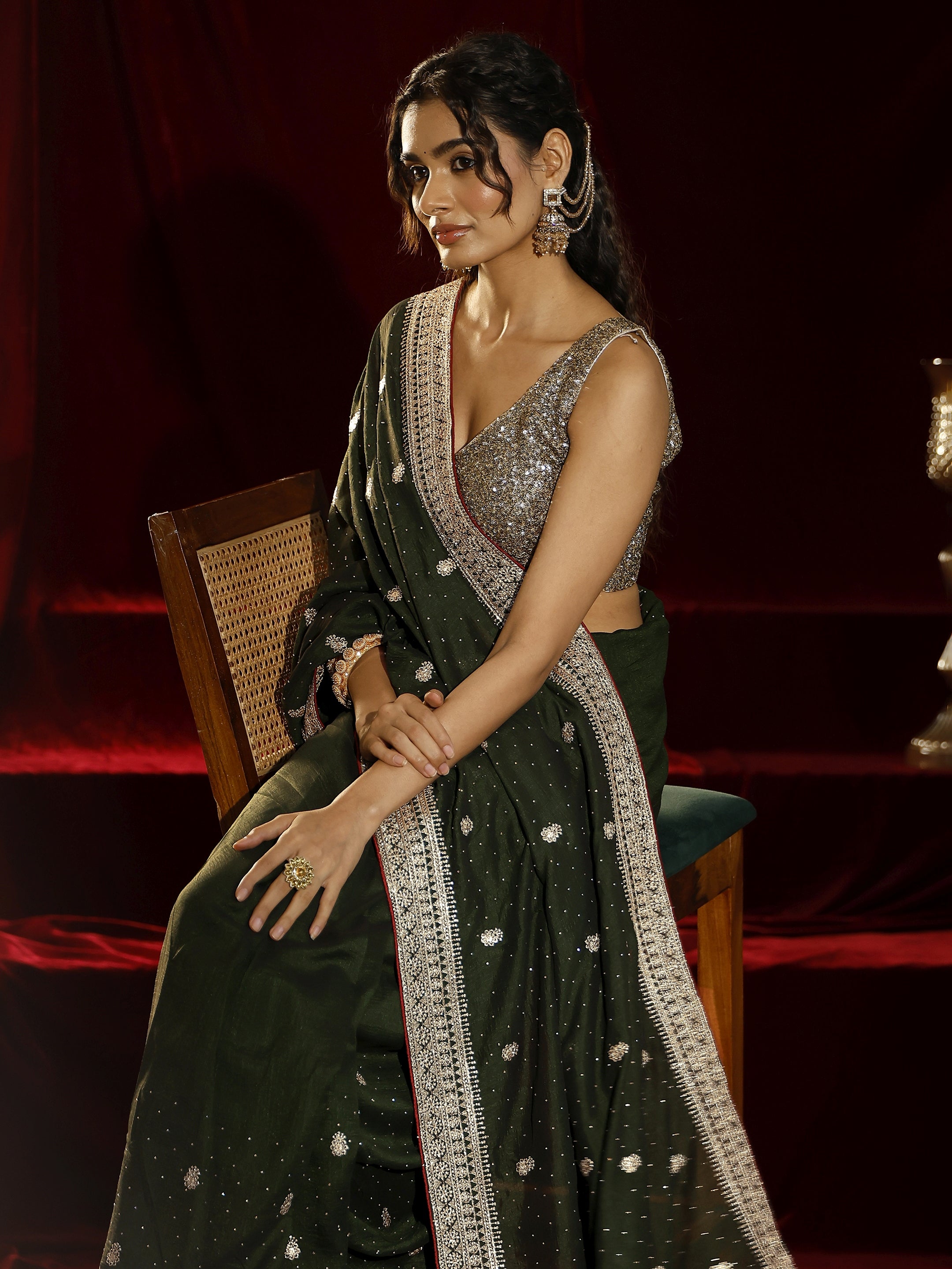 Libas Green Floral Embroidered Silk blend Saree-picture-52