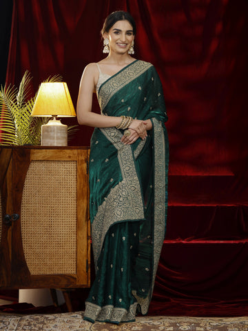 Libas Green Floral Embroidered Tissue Saree