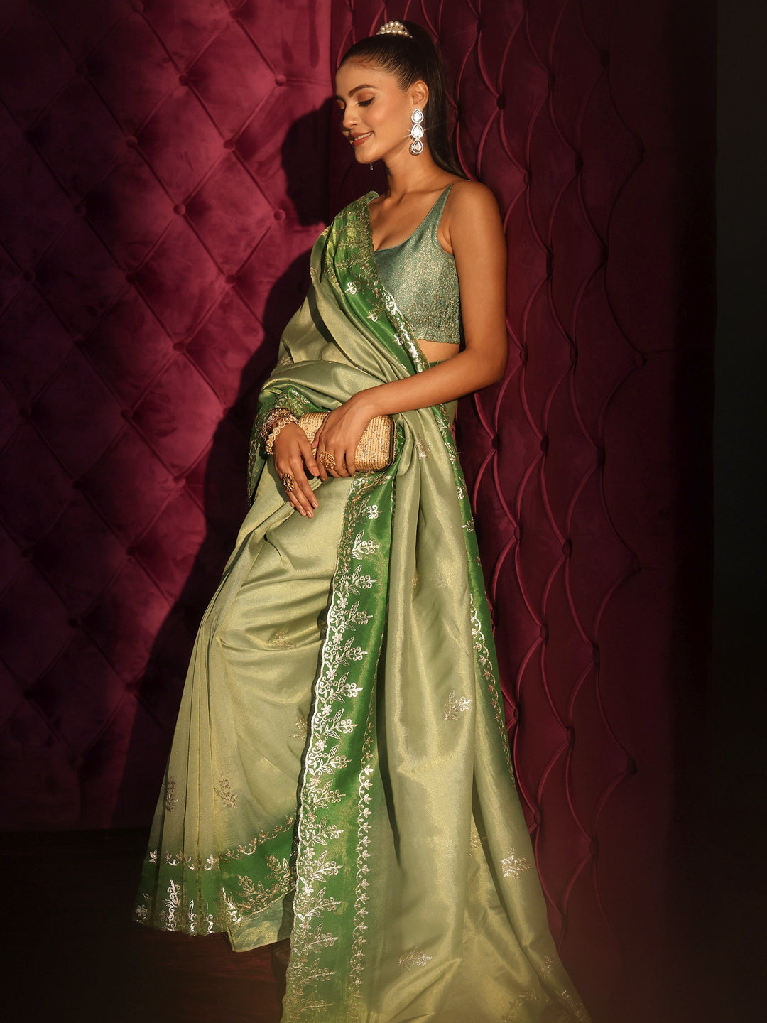 Libas Green Floral Embroidered Tissue Saree