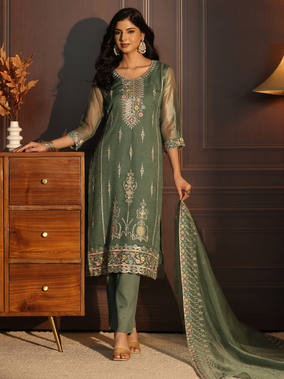  Libas Green Floral Embroidered Tissue Straight Suit Set 