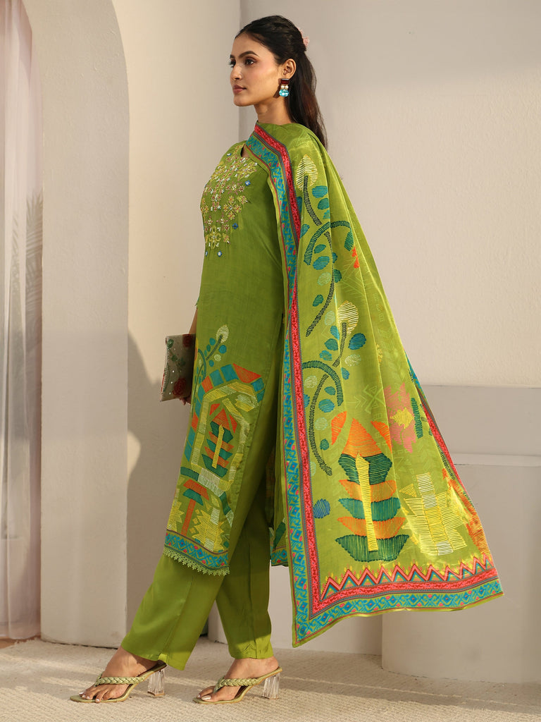 Libas Green Floral Printed Crepe Straight Suit Set