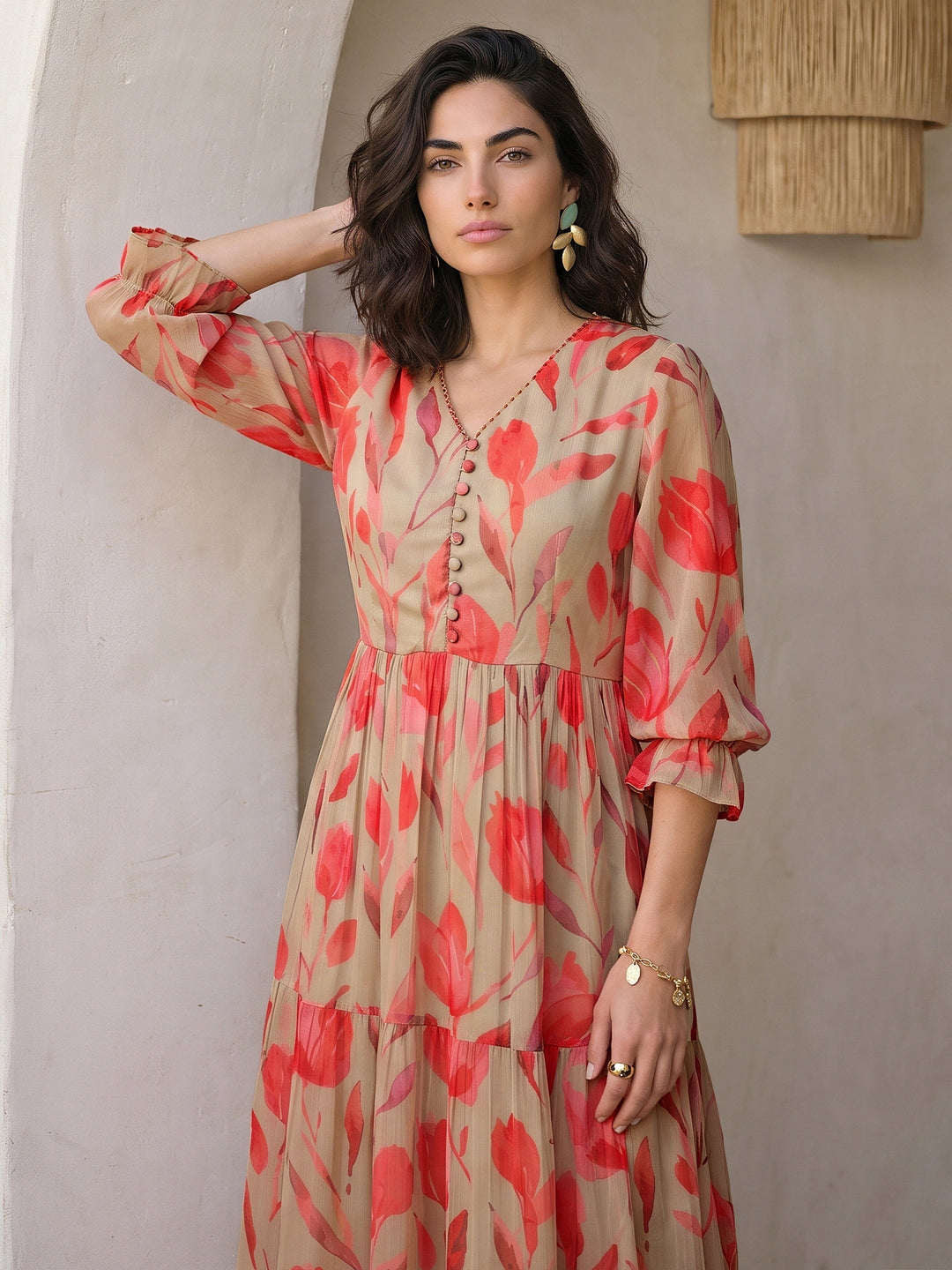 Libas Green Floral Printed Fit and Flare Chiffon Dress