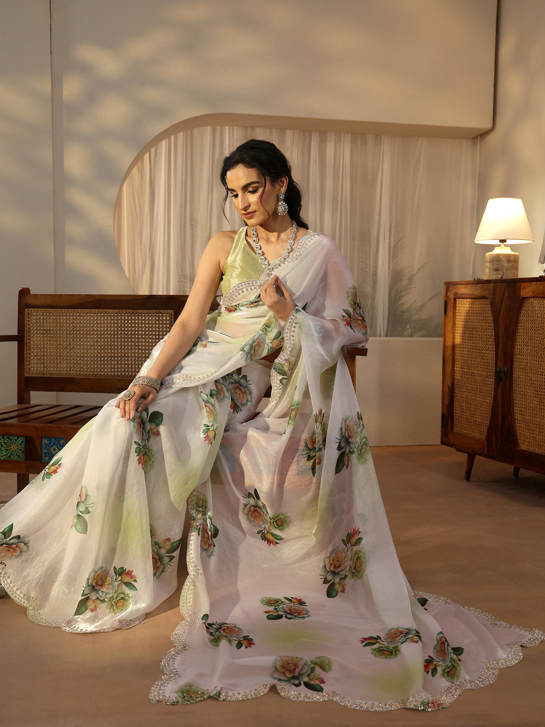  Libas Green Floral Printed Satin Saree with Scalloped Border 