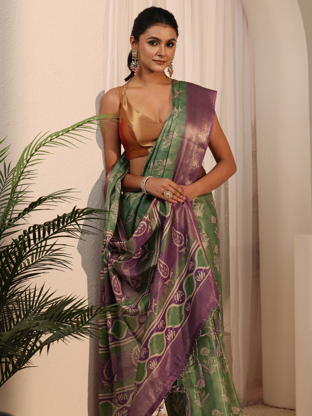 Libas Green Floral Printed Silk Blend Tassel Saree with Woven Border