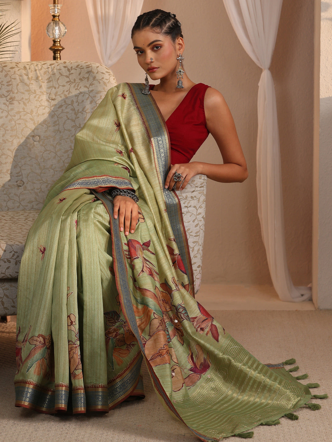 Libas Green Floral Printed Silk Blend Tassel Saree with Woven Border
