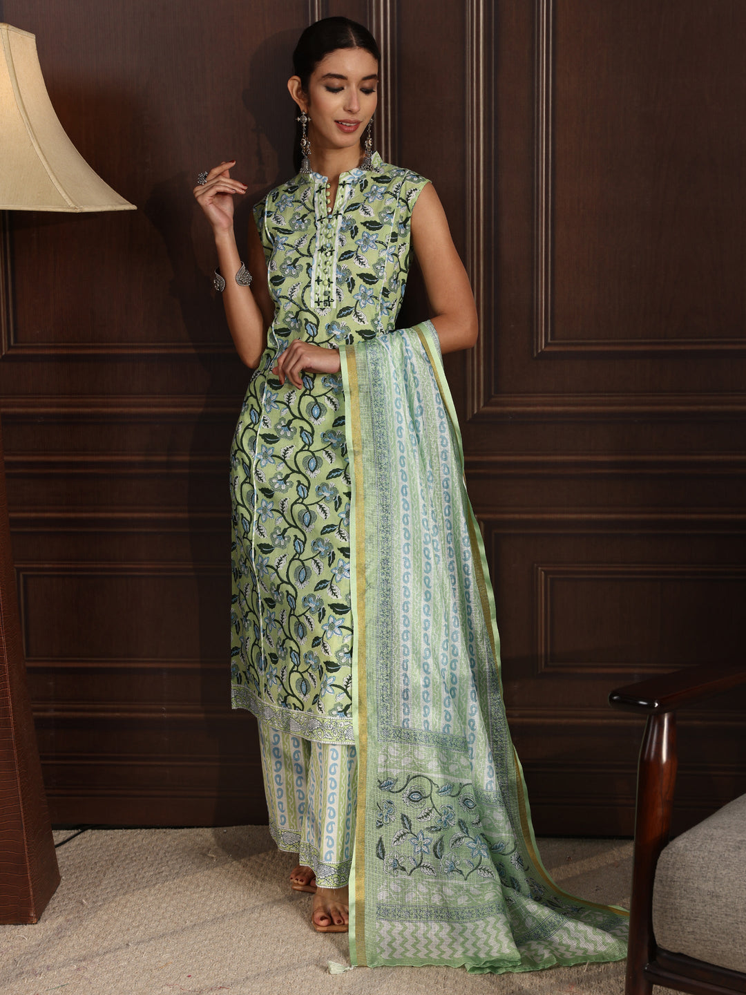 Libas Green Floral Printed Sleeveless Cotton Palazzo Suit Set