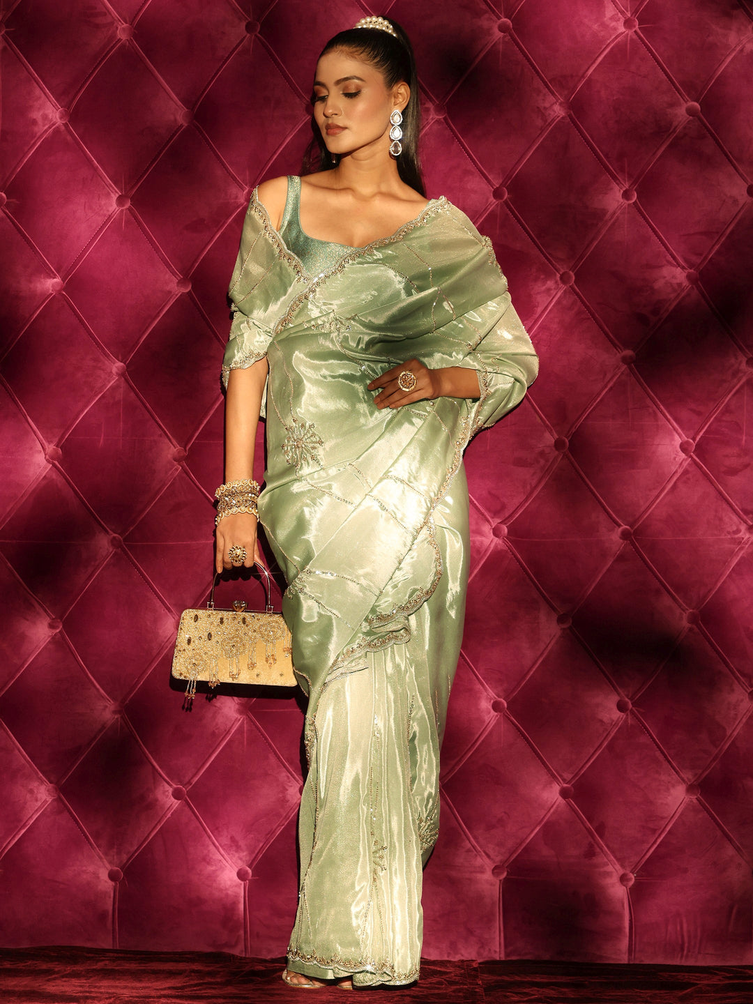  Libas Green Floral Sequin Embellished Satin Saree 