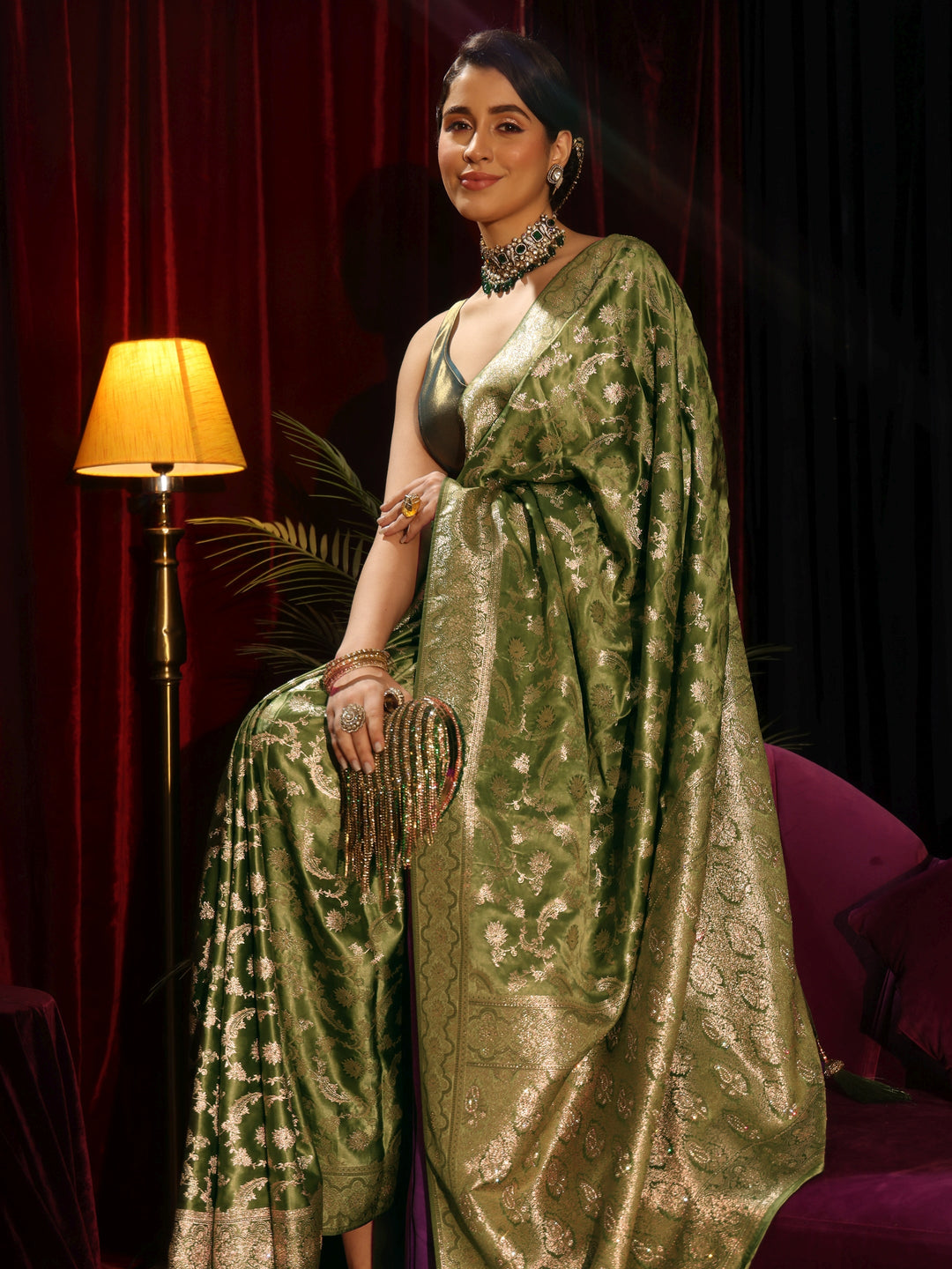 Libas Green Floral Woven Design Embellished Silk Blend Saree