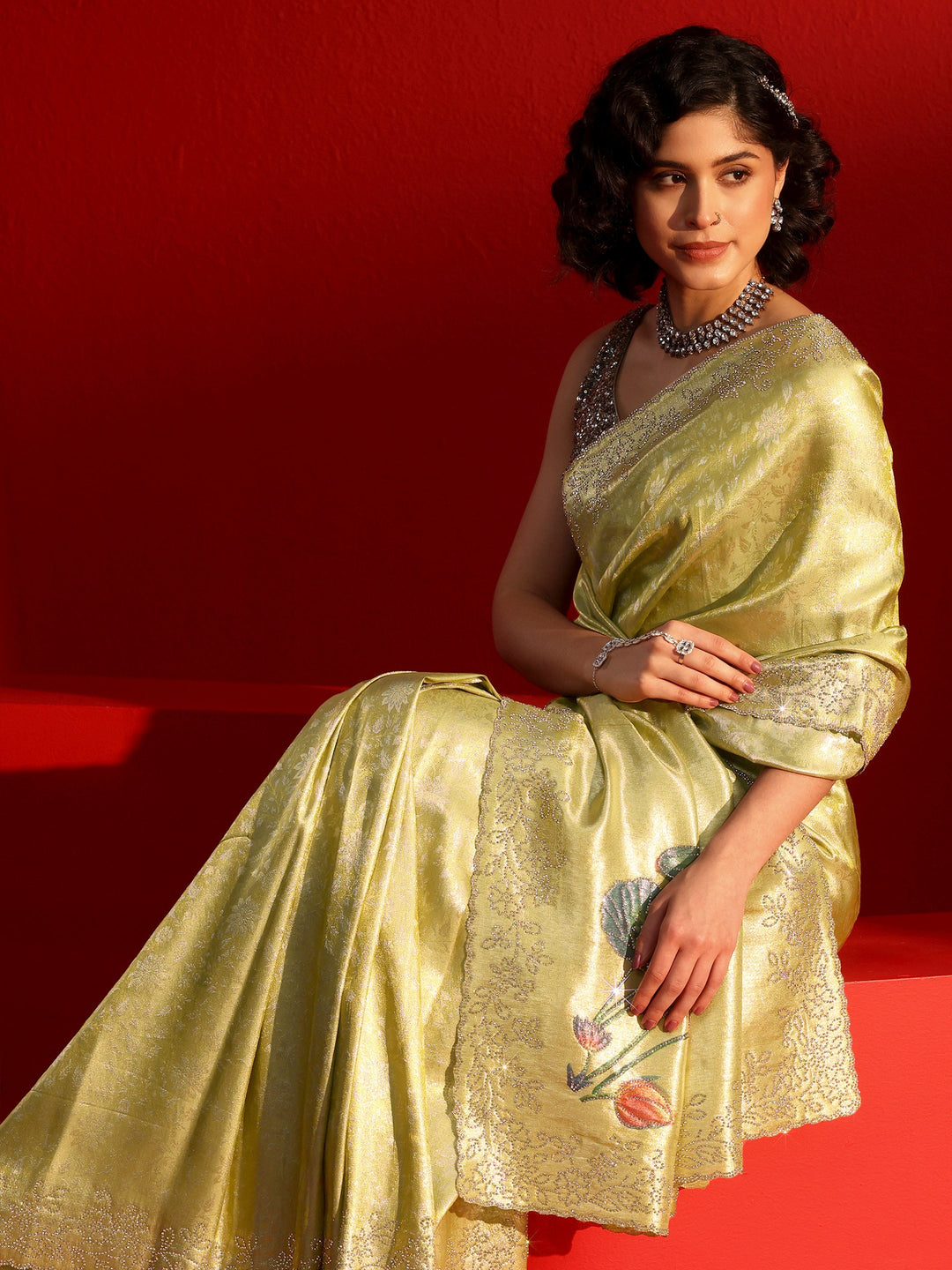  Libas Green Floral Woven Design Silk Saree with Embellished Border 