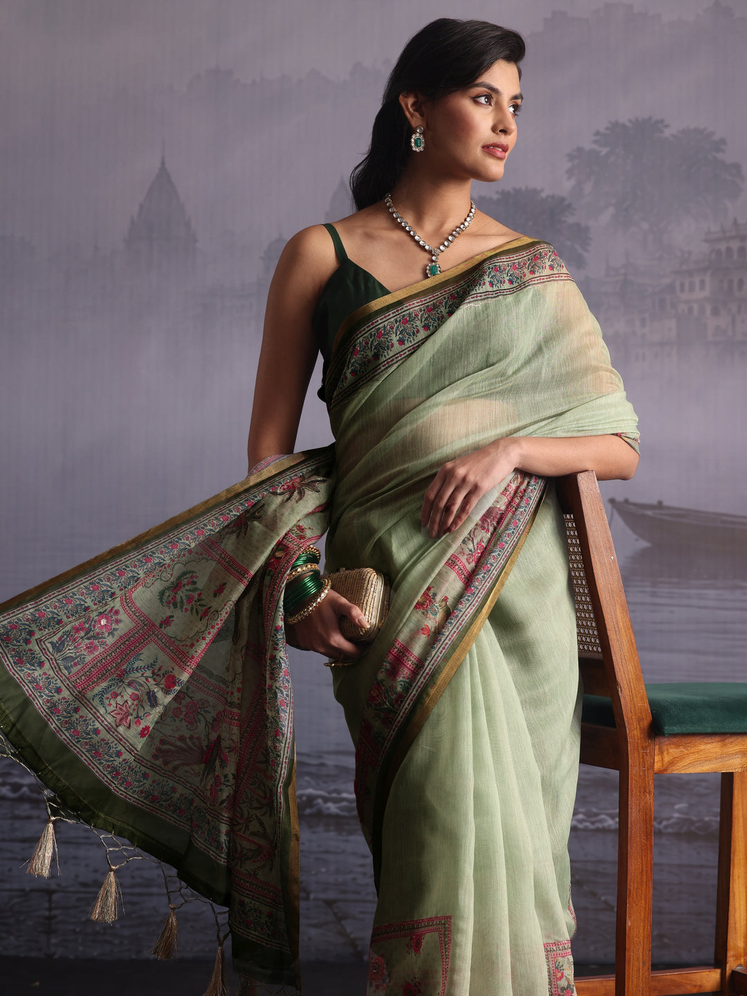  Libas Green Flower and Parrot Printed Silk Blend Tassel Saree 