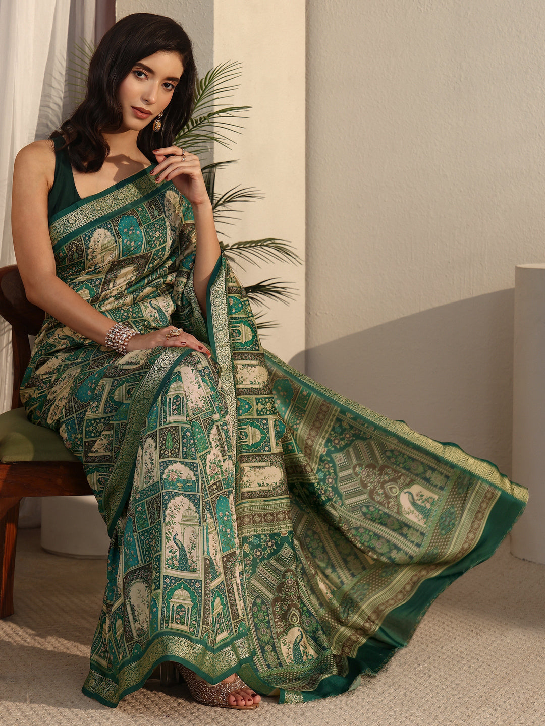 Libas Green Jharokha Printed Silk Blend Saree