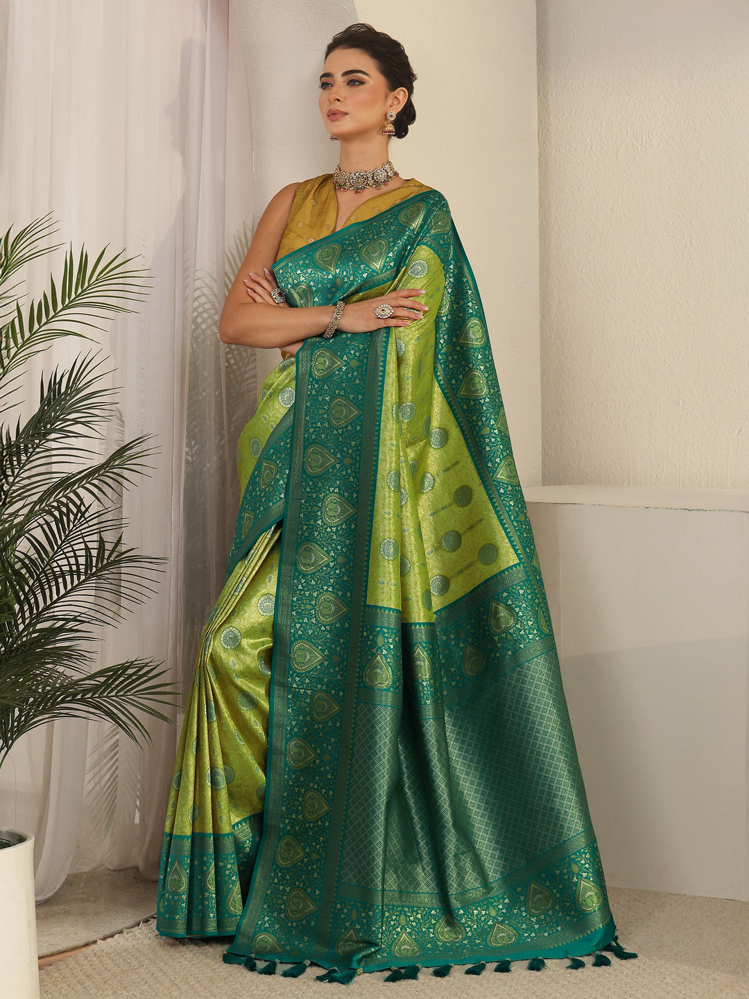 Libas Green Leaf Woven Design Brocade Saree