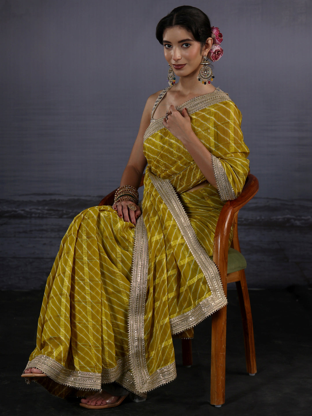  Libas Green Leheriya Printed Chiffon Saree 