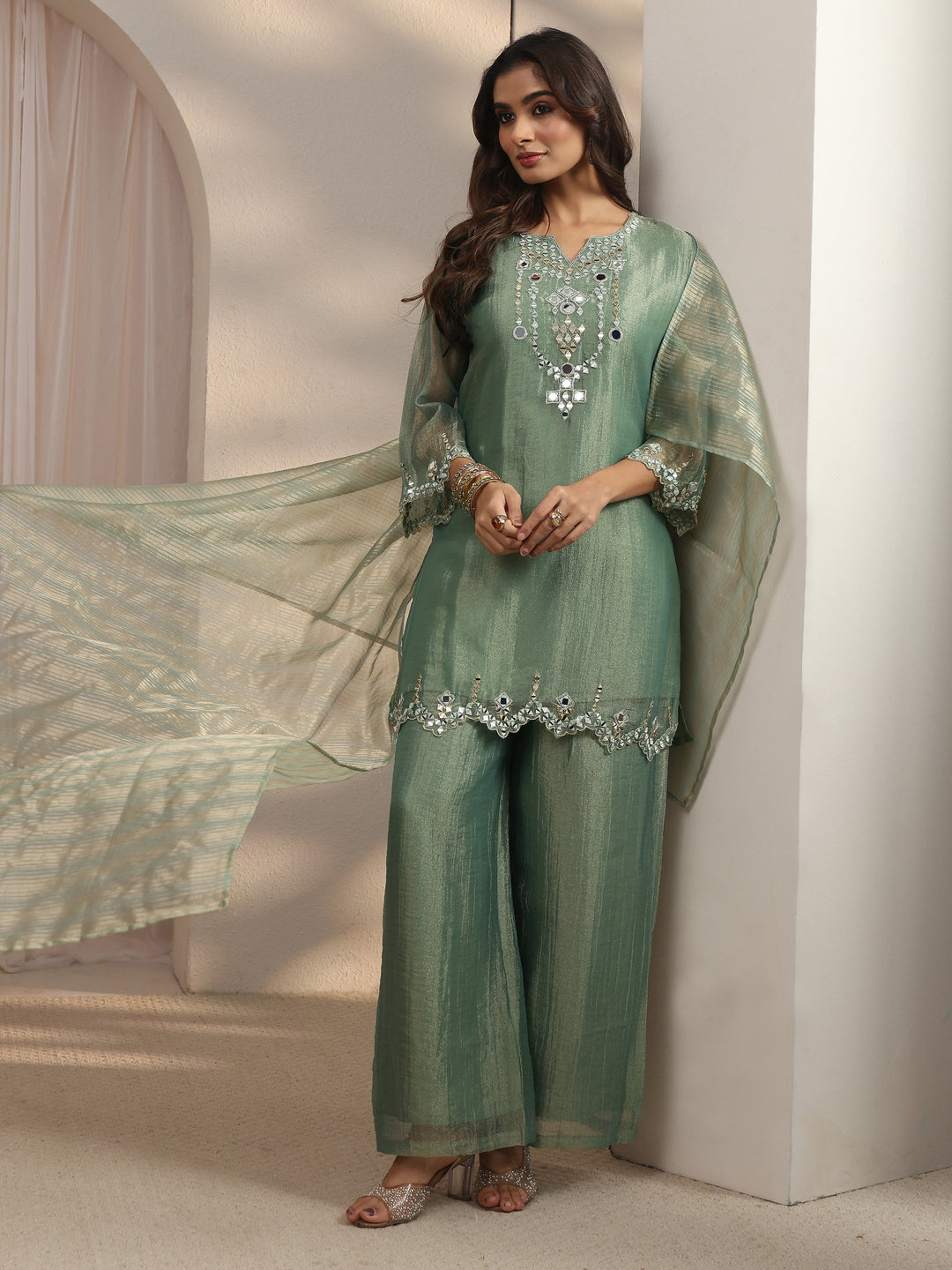  Libas Green Mirror Work Embellished Tissue Palazzo Suit Set 