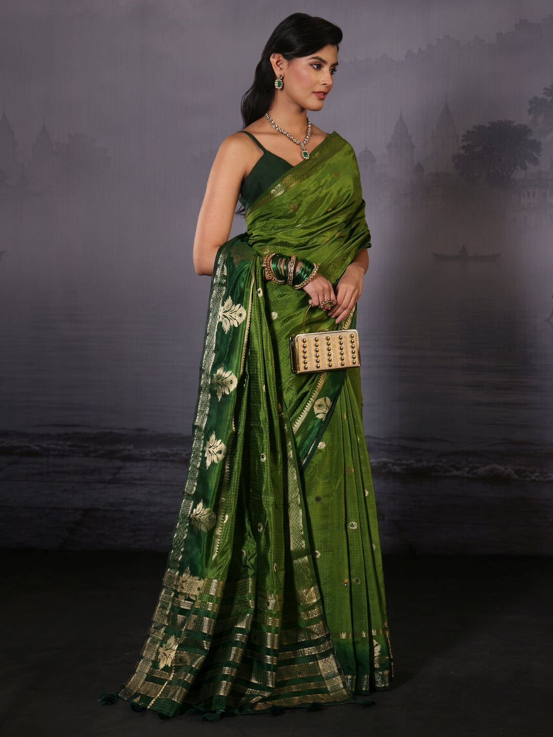  Libas Green Mirror Work Silk Blend Saree with Woven Floral Border 