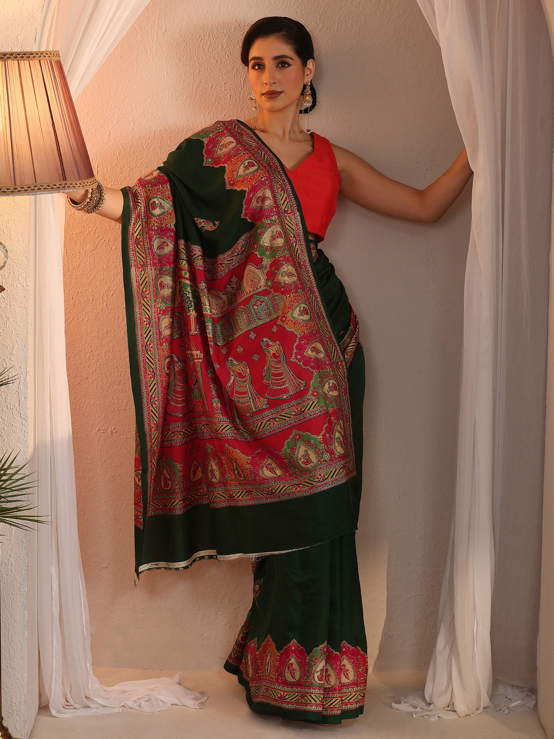  Libas Green Mughal Printed Silk Saree 