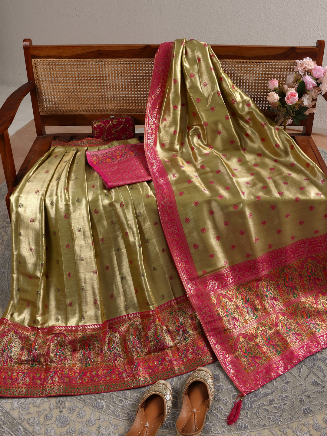  Libas Green Mughal Woven Design Silk Blend Semi-Stitched Lehenga Choli 