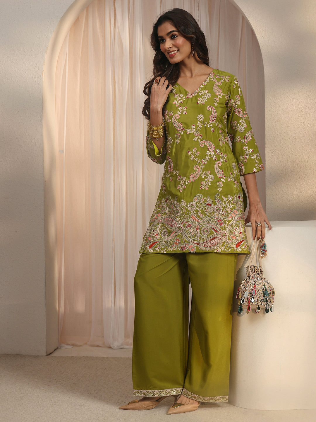  Libas Green Paisley Embroidered Silk Blend Co-Ord Set 