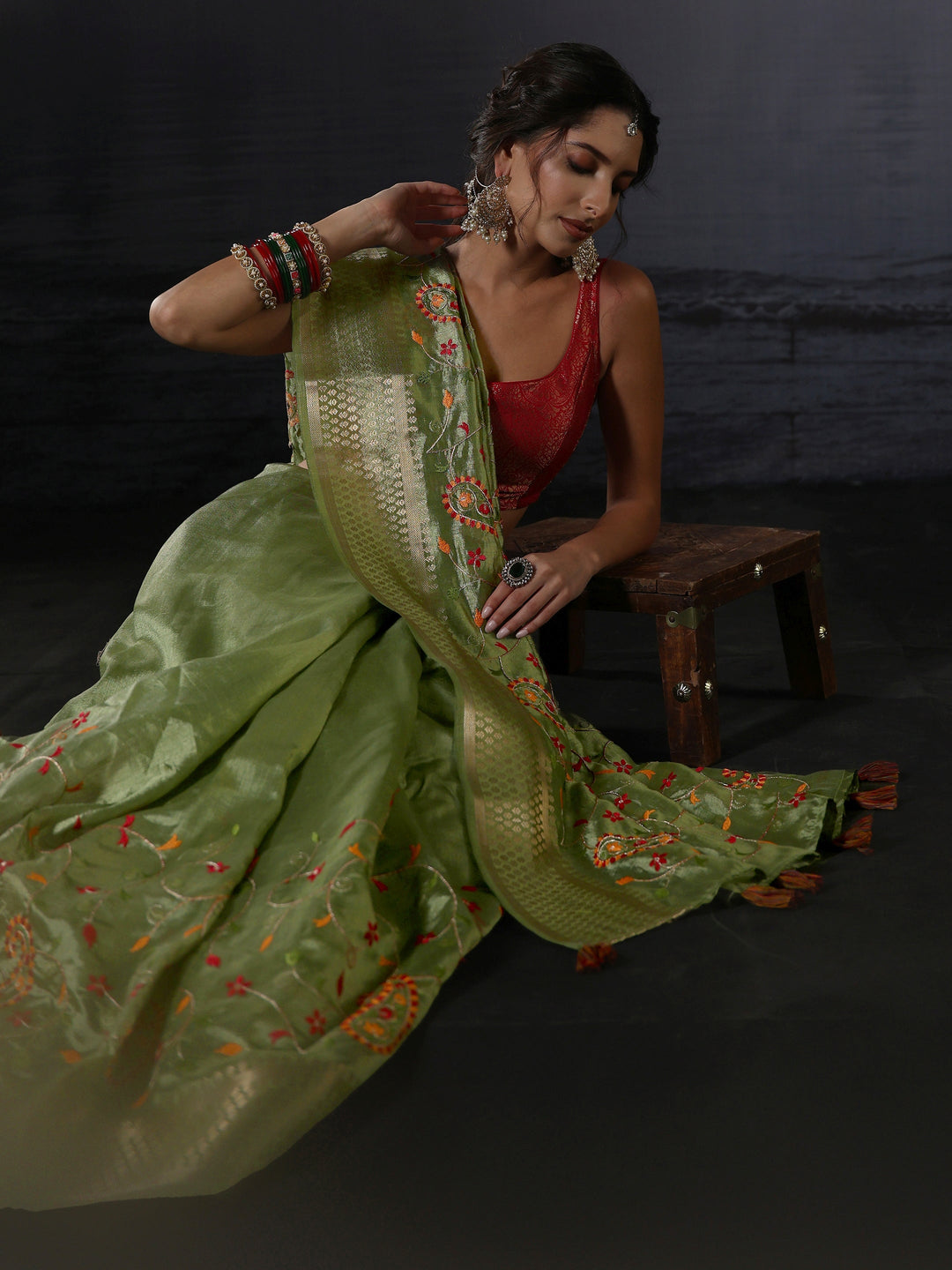 Libas Green Paisley Embroidered Silk Blend Saree