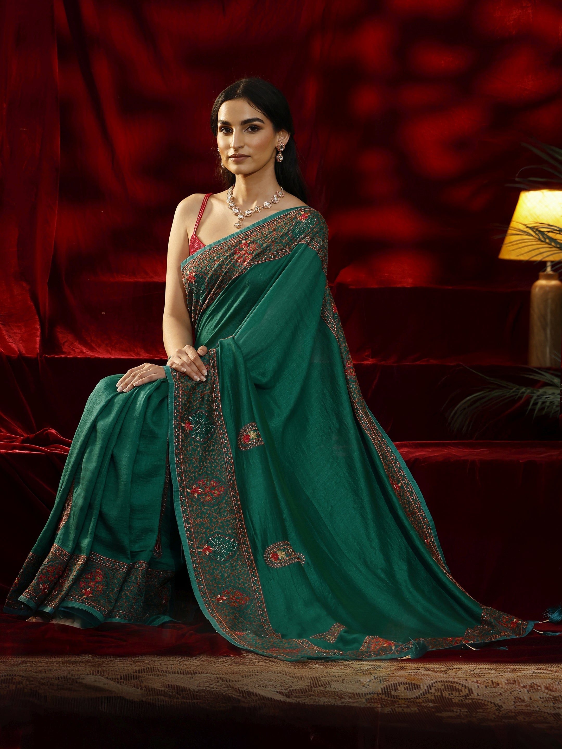 Libas Green Paisley Embroidered Silk blend Saree-picture-38