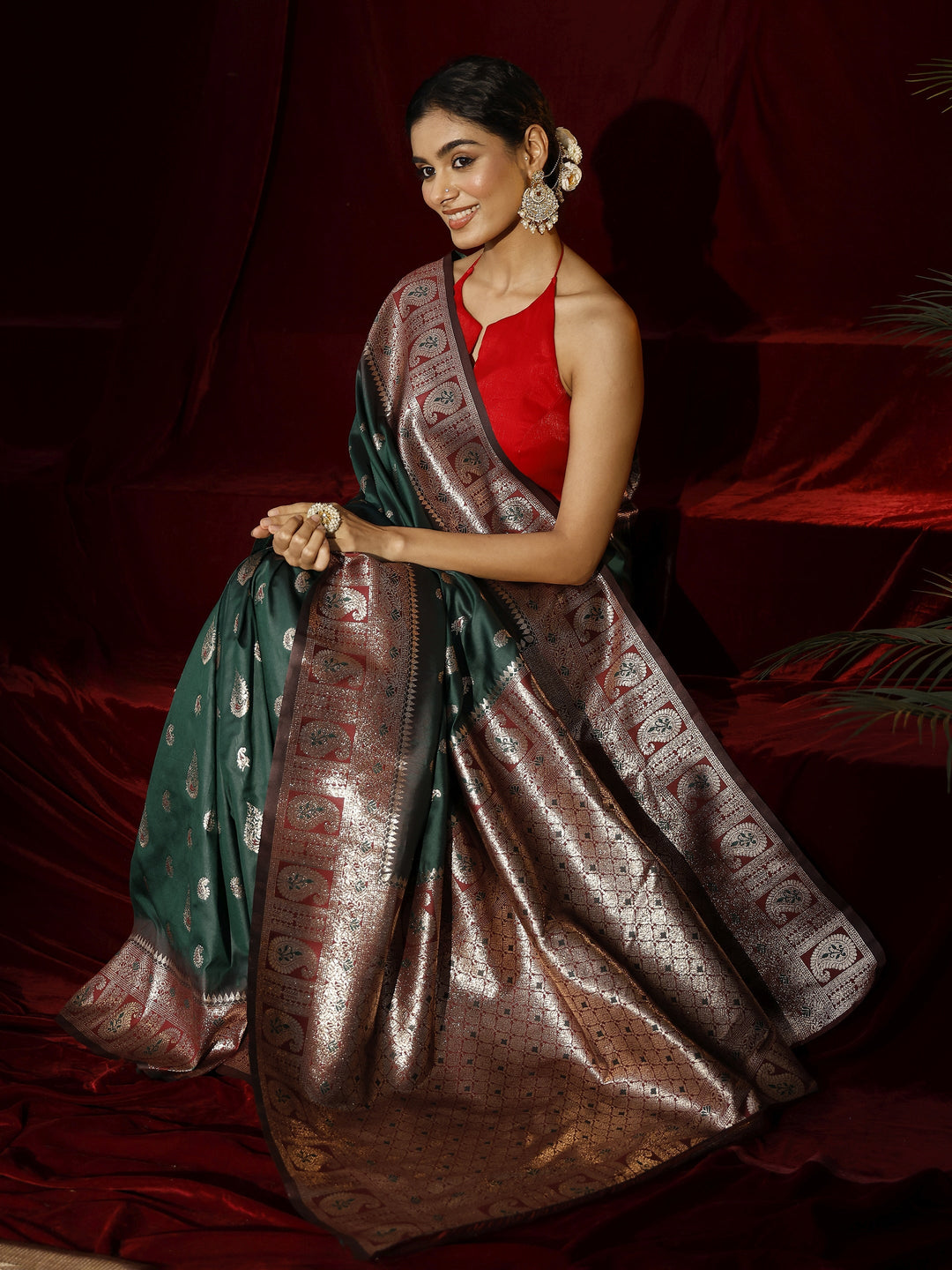  Libas Green Paisley Woven Design Silk blend Saree 