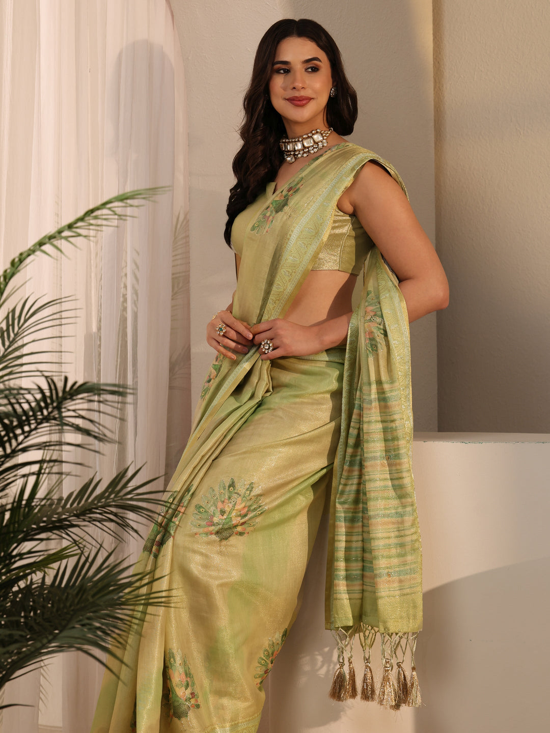 Libas Green Peacock Printed Silk Blend Tassel Saree