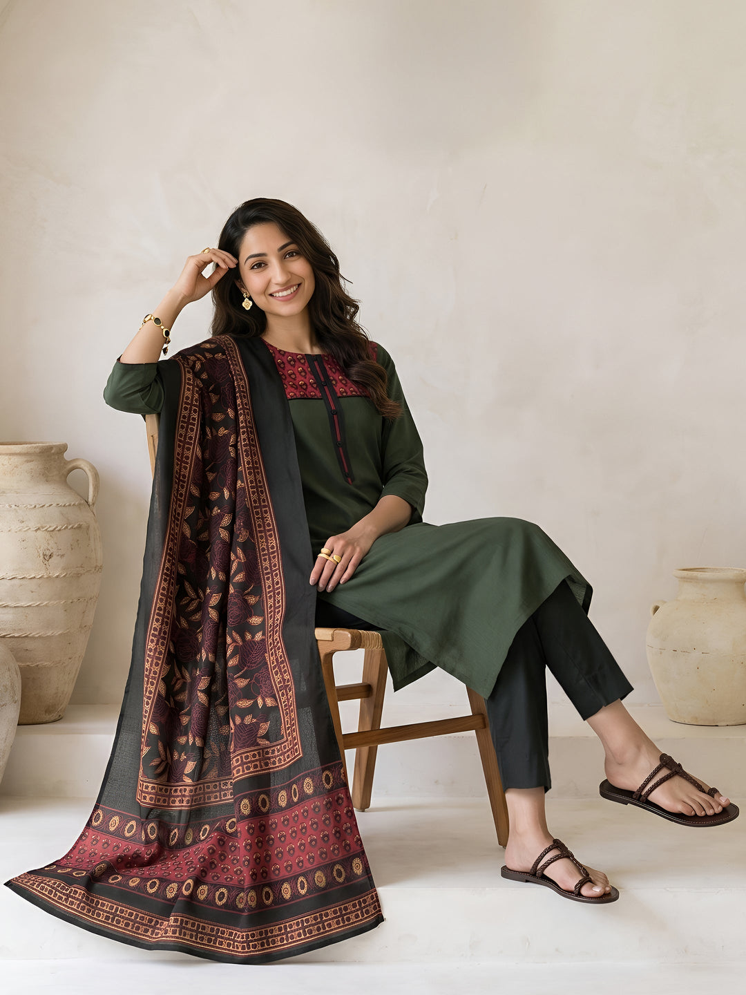 Libas Green Printed Cotton Blend Straight Suit Set