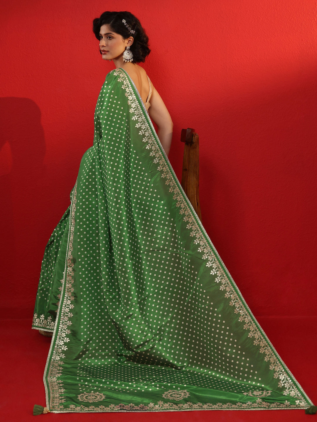  Libas Green Printed Satin Saree with Embroidered Border 