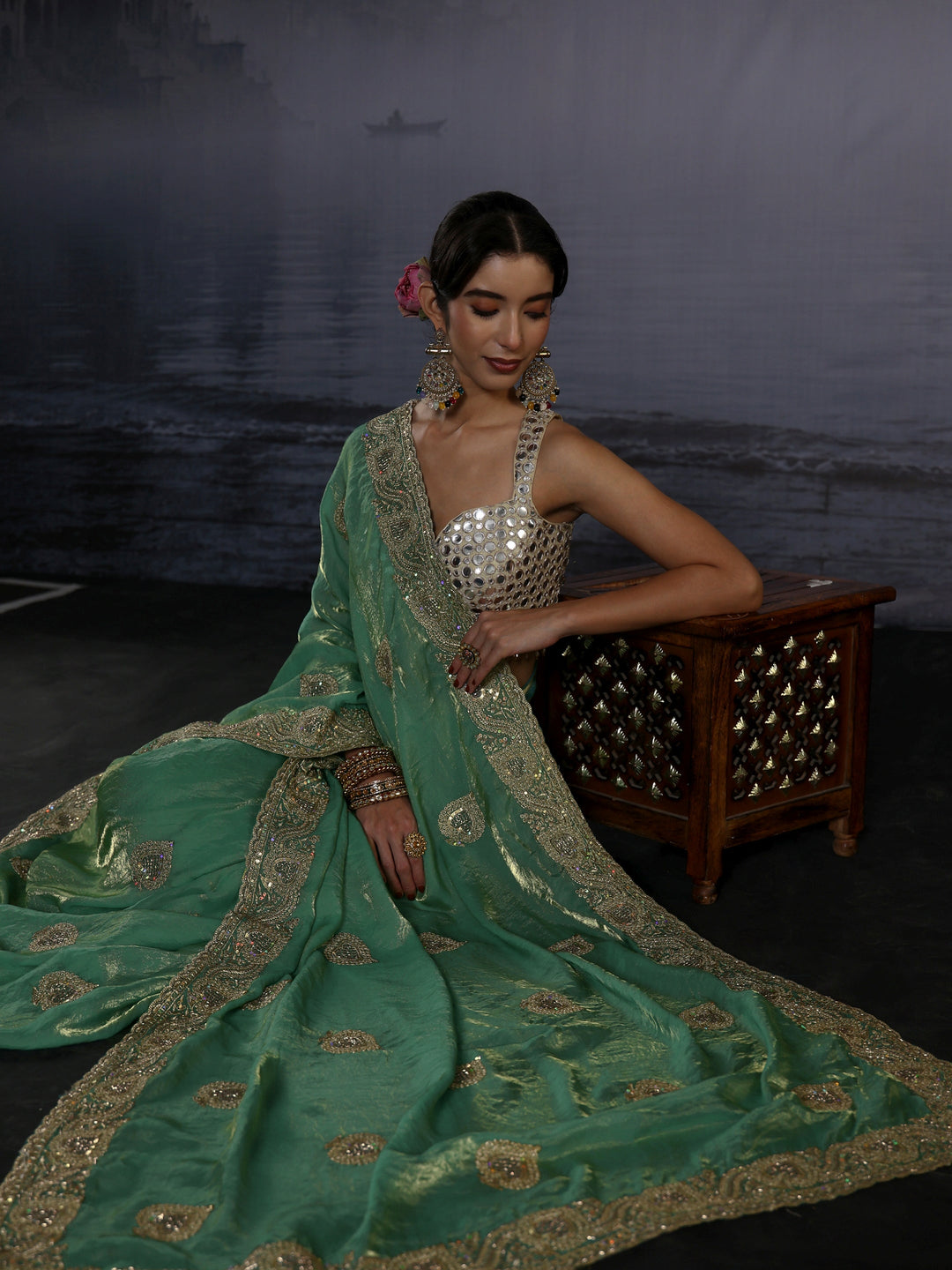  Libas Green Sequin Embellished Tissue Saree 