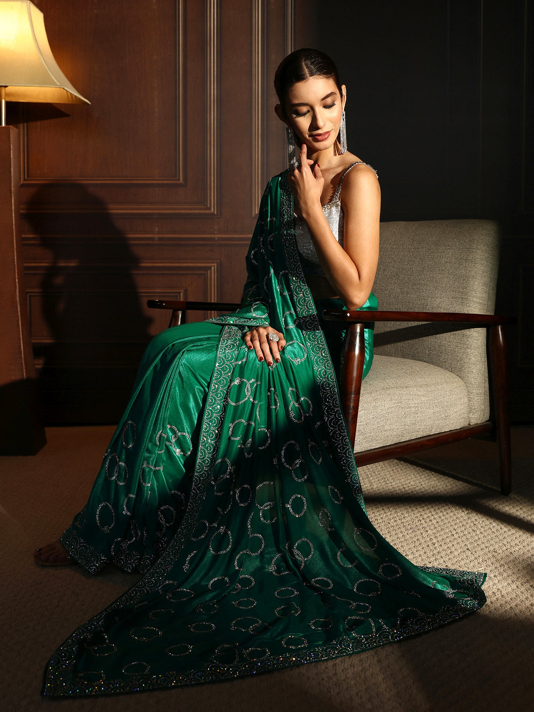  Libas Green Stone Work Embellished Satin Saree 