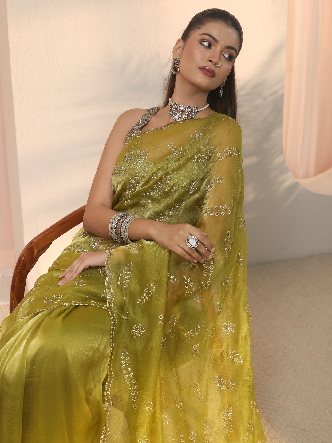  Libas Green Stone Work Embellished Tissue Saree with Scalloped Border 