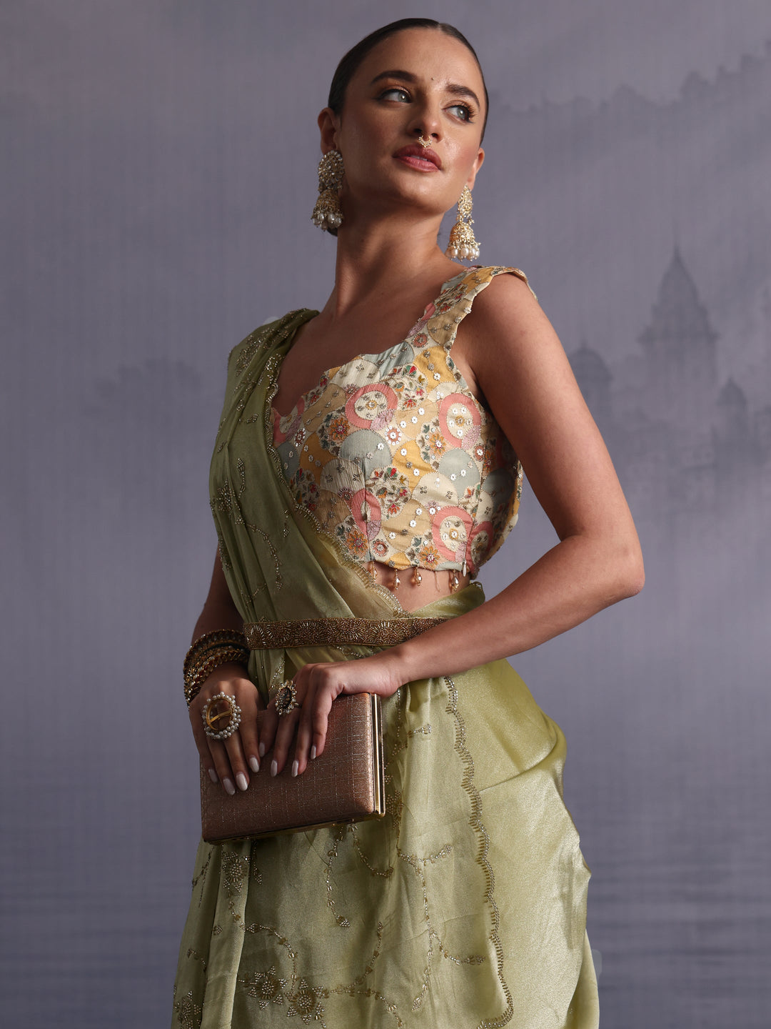  Libas Green Stone Work Embellished Tissue Saree with Scalloped Border 