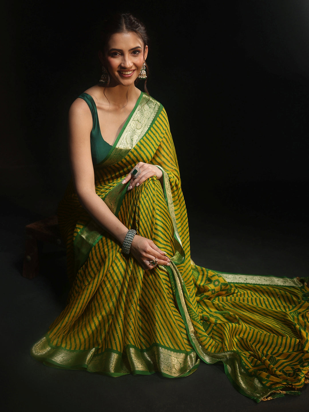  Libas Green Striped Chiffon Saree with Paisley Border 