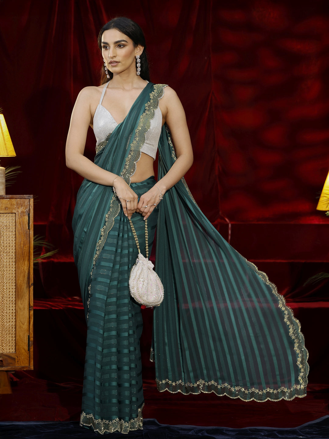  Libas Green Striped Net Saree 