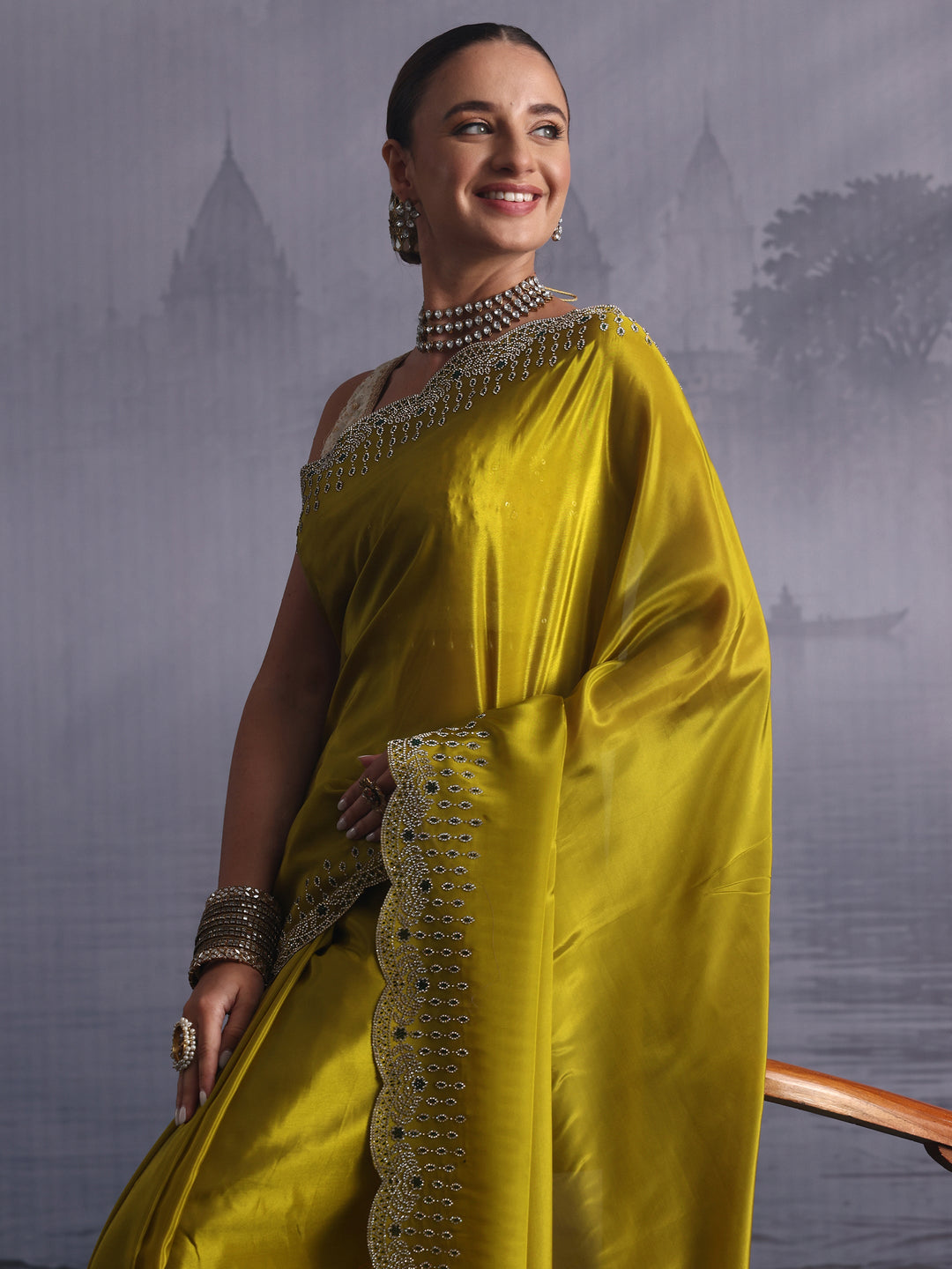 Libas Green Tissue Saree with Embellished Scalloped Border