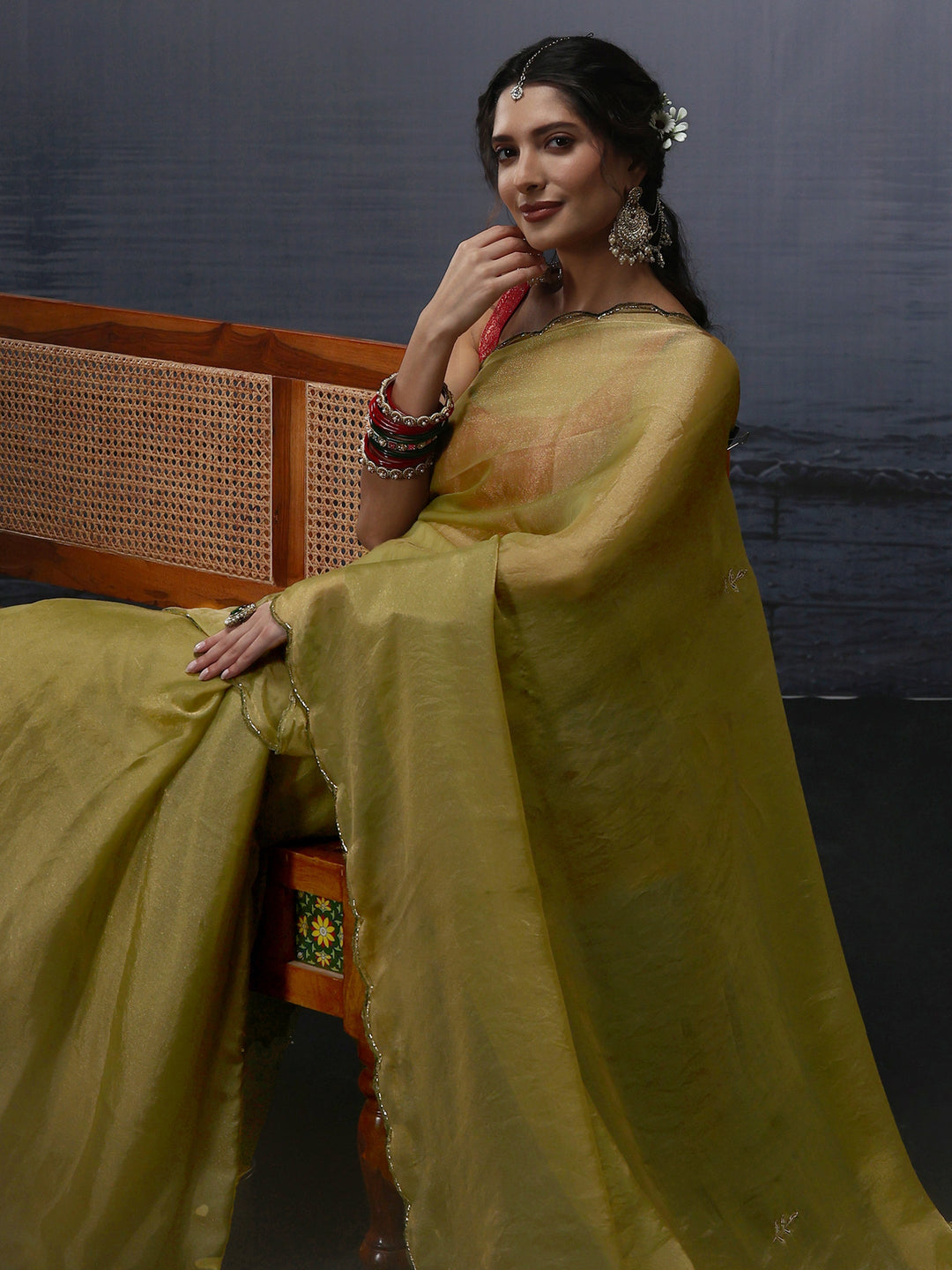  Libas Green Tissue Saree with Embroidered Pallu 