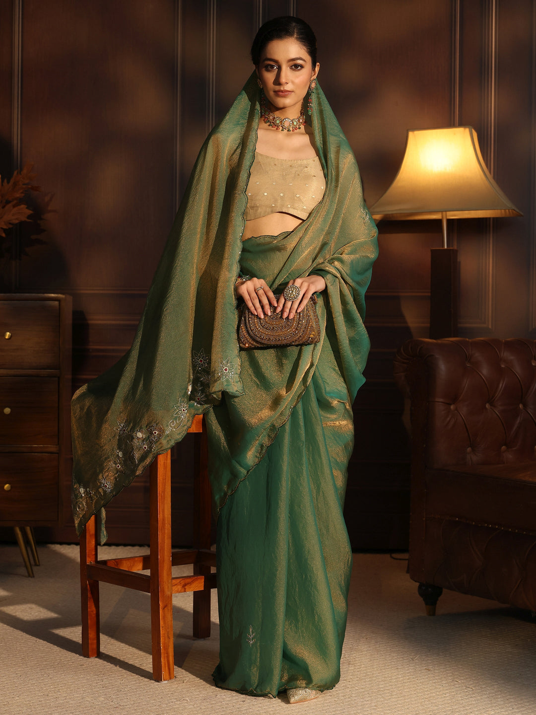 Libas Green Tissue Saree with Floral Embroidered Border