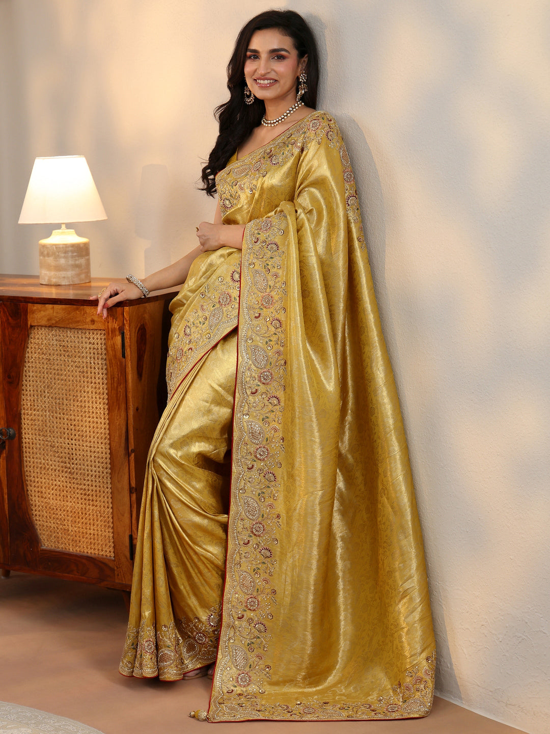  Libas Green Woven Design Satin Saree With Embellished Border 