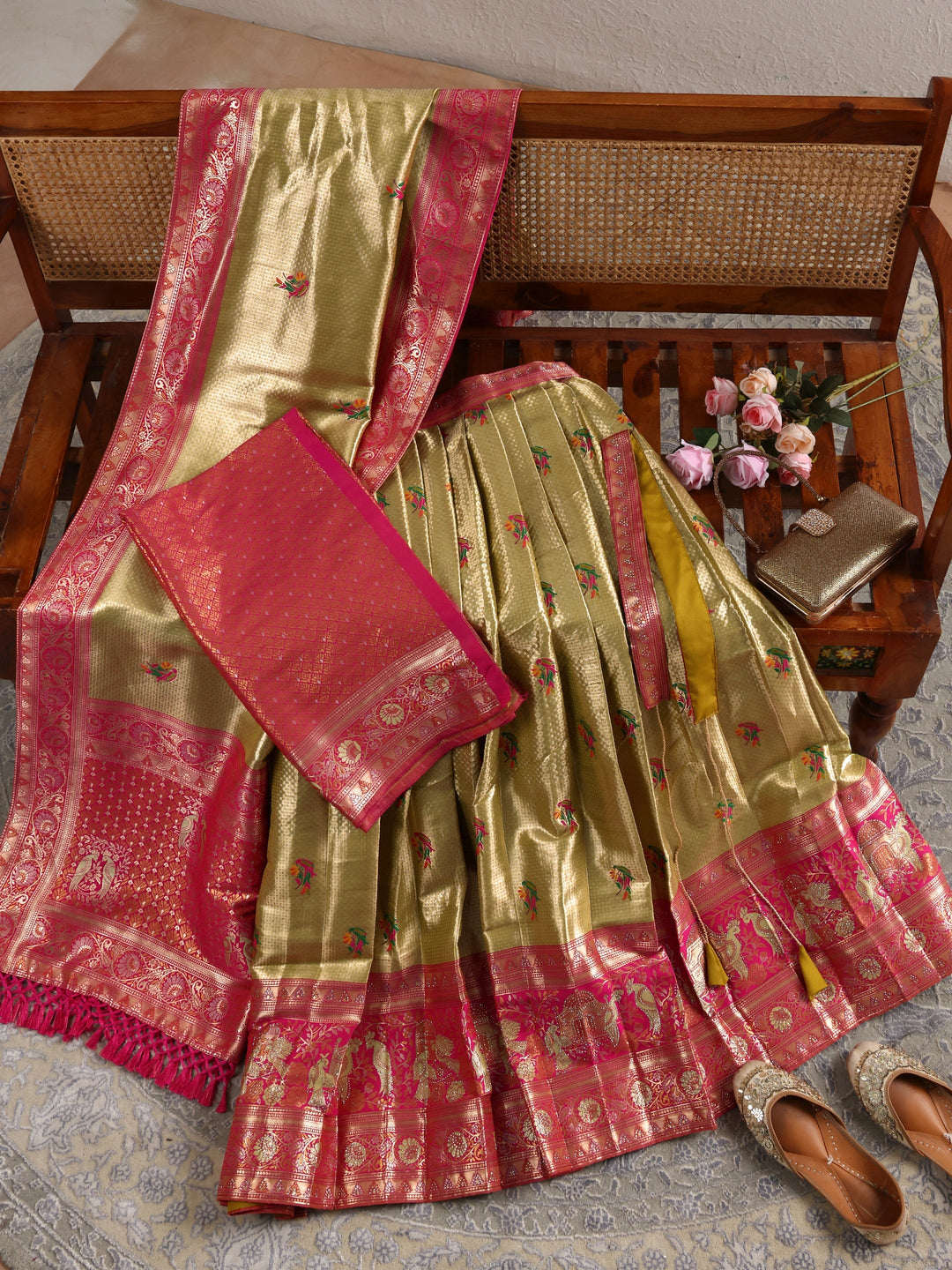  Libas Green Woven Design Silk Blend Semi-Stitched Lehenga Choli 