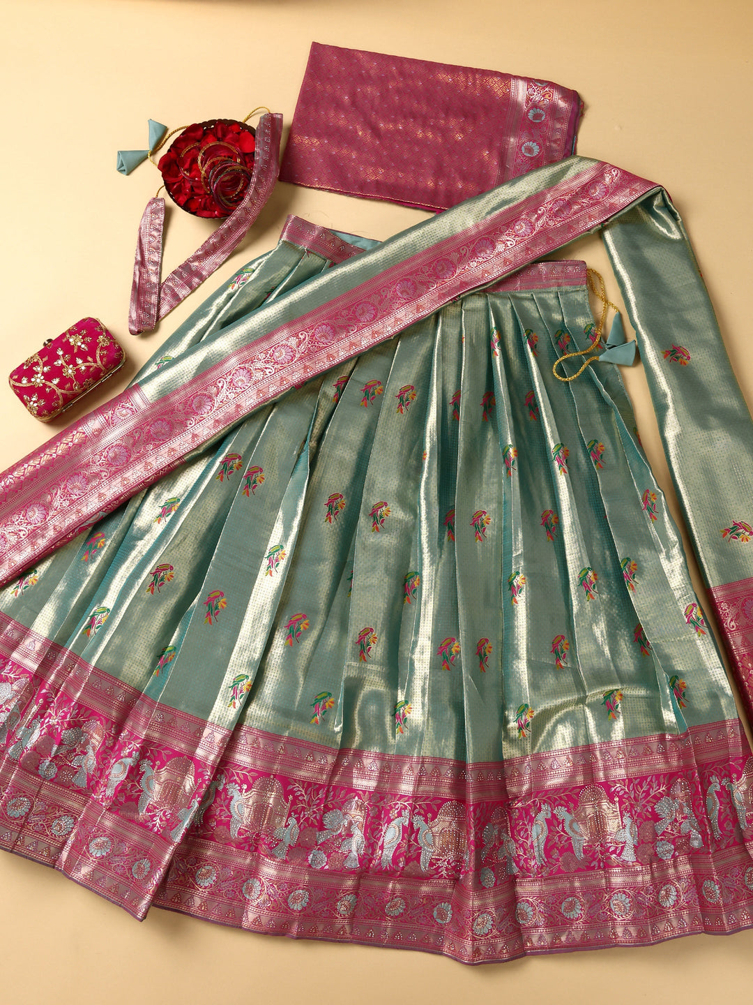  Libas Green Woven Design Silk Blend Semi-Stitched Lehenga Choli 