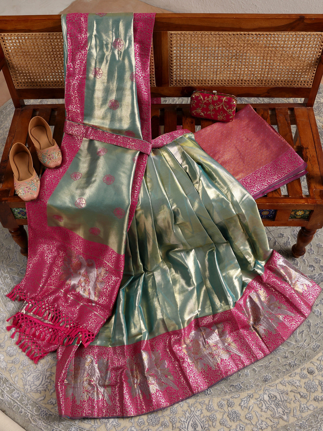  Libas Green Woven Design Silk Blend Semi-Stitched Lehenga Choli 